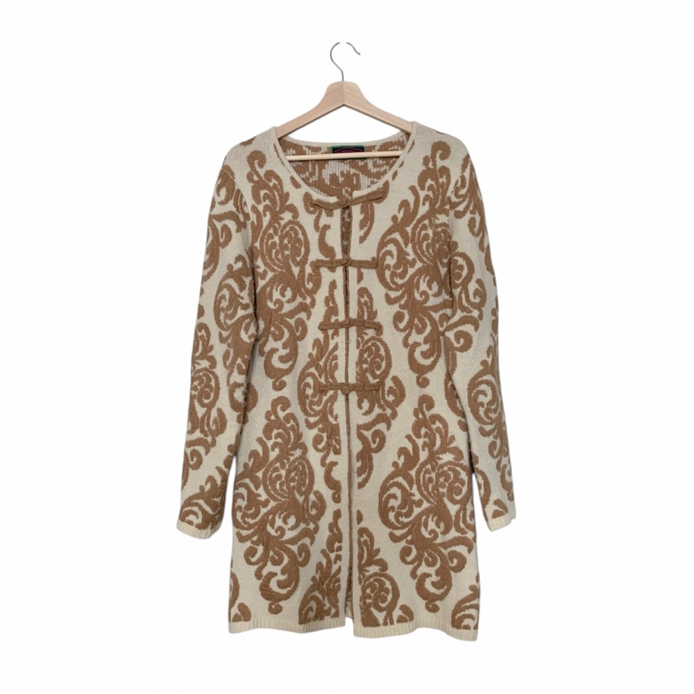 Asian Inspired Brown and Cream Patterned Long Cardigan Kenki Sz XL